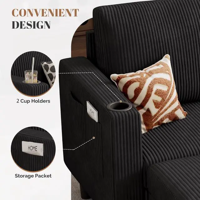 Alt view image 6 of 7 - Upholstered Sectional Sofa and Couches, 78'' L Shaped 3-seat Sofa forLiving Room, Apartment,Lounge,Bedroom-Washable Covers Convertible Sofas(Corduroy Fabric,Black)