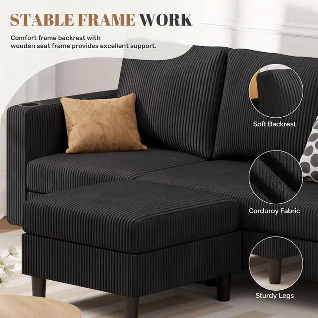 Alt view image 4 of 7 - Upholstered Sectional Sofa and Couches, 78'' L Shaped 3-seat Sofa forLiving Room, Apartment,Lounge,Bedroom-Washable Covers Convertible Sofas(Corduroy Fabric,Black)