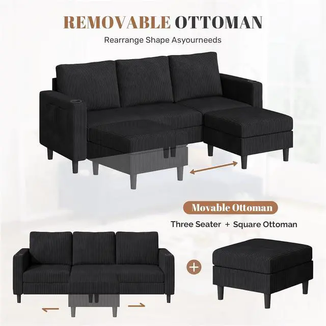 Alt view image 7 of 7 - Upholstered Sectional Sofa and Couches, 78'' L Shaped 3-seat Sofa forLiving Room, Apartment,Lounge,Bedroom-Washable Covers Convertible Sofas(Corduroy Fabric,Black)