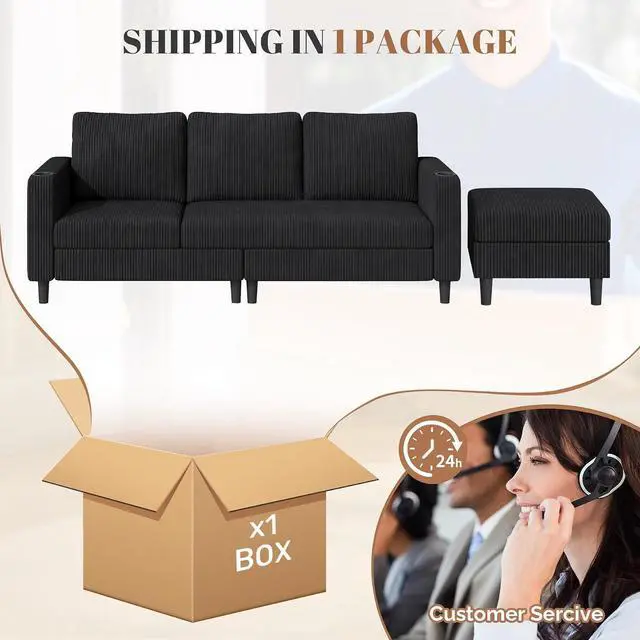 Alt view image 5 of 7 - Upholstered Sectional Sofa and Couches, 78'' L Shaped 3-seat Sofa forLiving Room, Apartment,Lounge,Bedroom-Washable Covers Convertible Sofas(Corduroy Fabric,Black)
