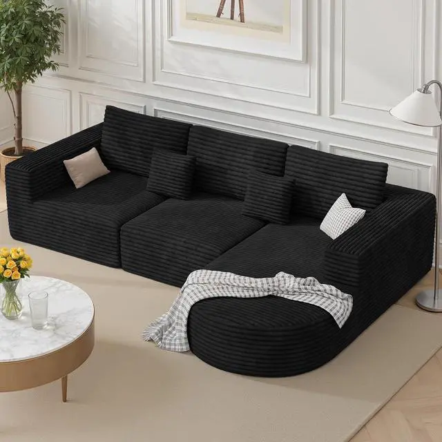 Main image of 110 Modular Sectional Cloud Boneless Couches, L-Shaped Curved Sofa with Chaise, Deep Seat Convertible Sleeper Bed Include 2 pcs Pillow, No Assembly Required(Black Corduroy Fabric)