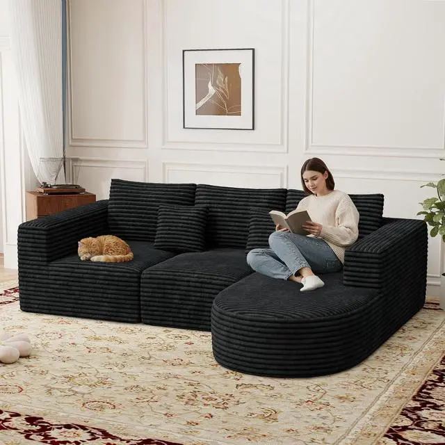 Alt view image 3 of 7 - 110 Modular Sectional Cloud Boneless Couches, L-Shaped Curved Sofa with Chaise, Deep Seat Convertible Sleeper Bed Include 2 pcs Pillow, No Assembly Required(Black Corduroy Fabric)
