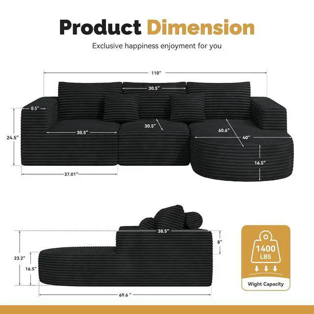 Alt view image 2 of 7 - 110 Modular Sectional Cloud Boneless Couches, L-Shaped Curved Sofa with Chaise, Deep Seat Convertible Sleeper Bed Include 2 pcs Pillow, No Assembly Required(Black Corduroy Fabric)
