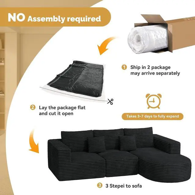Alt view image 4 of 7 - 110 Modular Sectional Cloud Boneless Couches, L-Shaped Curved Sofa with Chaise, Deep Seat Convertible Sleeper Bed Include 2 pcs Pillow, No Assembly Required(Black Corduroy Fabric)
