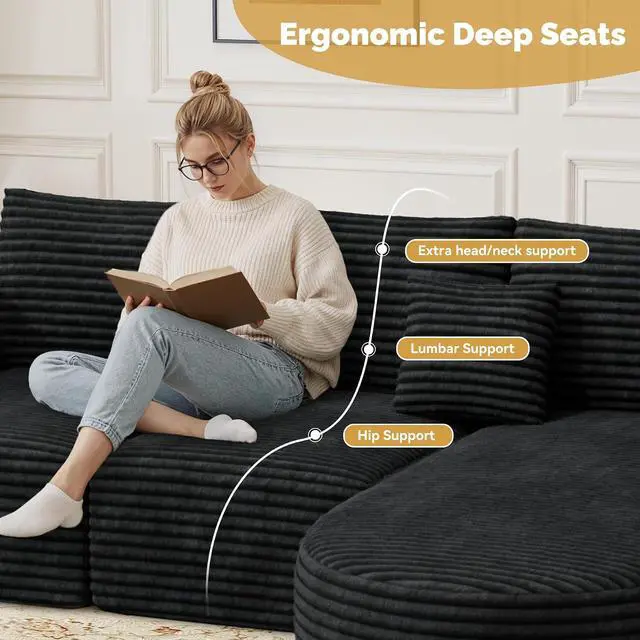 Alt view image 6 of 7 - 110 Modular Sectional Cloud Boneless Couches, L-Shaped Curved Sofa with Chaise, Deep Seat Convertible Sleeper Bed Include 2 pcs Pillow, No Assembly Required(Black Corduroy Fabric)