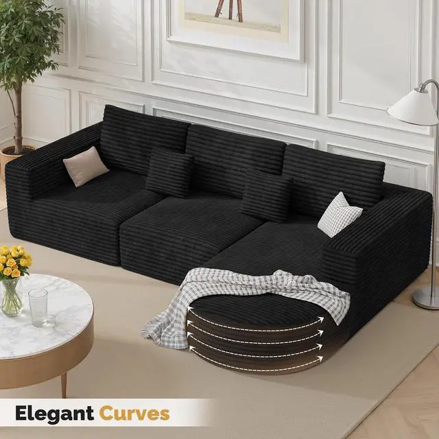 Alt view image 7 of 7 - 110 Modular Sectional Cloud Boneless Couches, L-Shaped Curved Sofa with Chaise, Deep Seat Convertible Sleeper Bed Include 2 pcs Pillow, No Assembly Required(Black Corduroy Fabric)