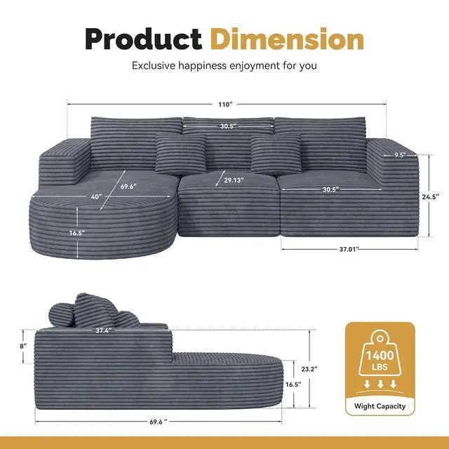 Alt view image 2 of 7 - 110Sectional Couches for Living Room,Modular l Shaped Cloud Couch,Boneless Comfy,Modern Sofa with Chaise,Deep Seat Convertible Sleeper Sofa Bed,No Assembly Required,Gray,1pcs