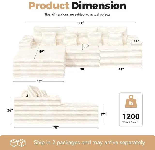 Alt view image 2 of 7 - 111 Modular Sectional Cloud Couches with L Shaped Chaise, Upholstered Deep Seat Boneless Sofa for Living Room, Bedroom, No Assembly Required-Beige