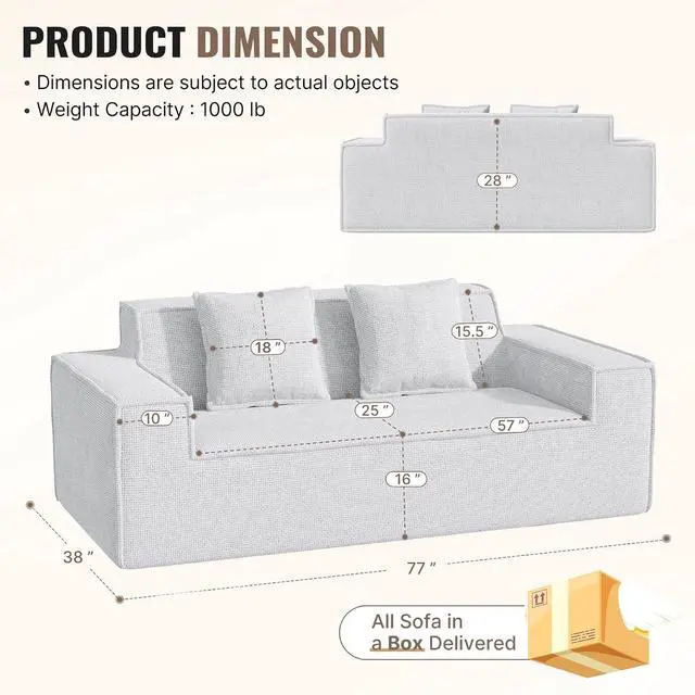 Alt view image 2 of 7 - 77'' Modern Small Loveseat Cloud Sofa, No Assembly Required Deep Seat Boneless Couches Includes 2 pcs Pillows for Living Room, Bedroom, Apartment-Grey