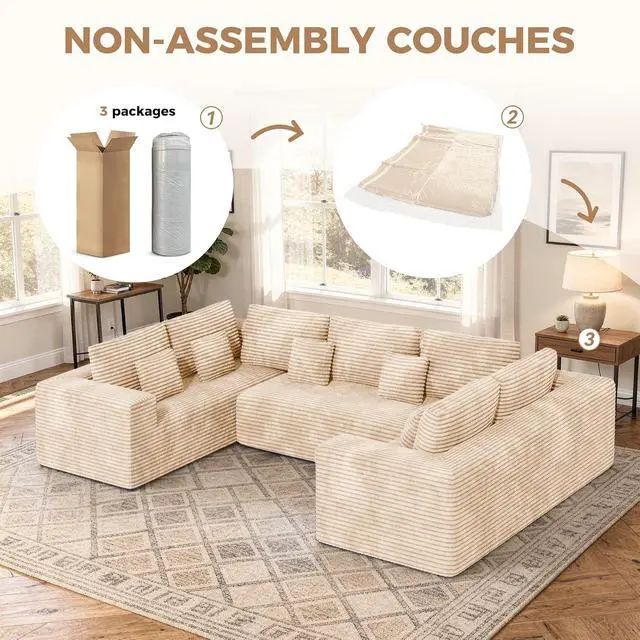 Alt view image 5 of 7 - 136'' Sectional Cloud Couches with Chaise, U Shaped Boneless Oversized 6 Seater Sofa, No Assembly Required Deep Seat Lounge for Living Room 3PCS Set, Bedroom(Khaki)