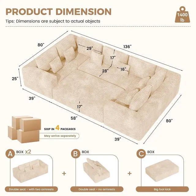 Alt view image 2 of 7 - 136'' Large Sectional Cloud Couches with Chaise, U Shaped Boneless Sofa Bed with Ottoman, No Assembly Required Deep Seat Modular Lounge for Living Room 4PCS Set, Bedroom(Khaki)