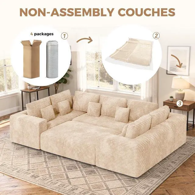 Alt view image 3 of 7 - 136'' Large Sectional Cloud Couches with Chaise, U Shaped Boneless Sofa Bed with Ottoman, No Assembly Required Deep Seat Modular Lounge for Living Room 4PCS Set, Bedroom(Khaki)