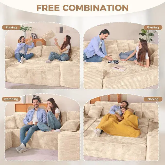 Alt view image 7 of 7 - 136'' Sectional Cloud Couches with Chaise, U Shaped Boneless Oversized 6 Seater Sofa, No Assembly Required Deep Seat Lounge for Living Room 3PCS Set, Bedroom(Khaki)