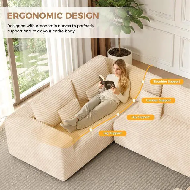 Alt view image 4 of 7 - 136'' Sectional Cloud Couches with Chaise, U Shaped Boneless Oversized 6 Seater Sofa, No Assembly Required Deep Seat Lounge for Living Room 3PCS Set, Bedroom(Khaki)