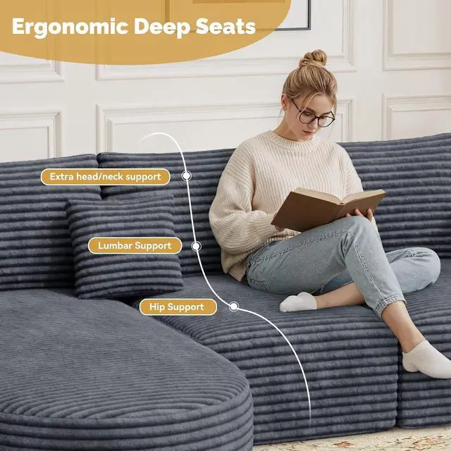 Alt view image 5 of 7 - 110Sectional Couches for Living Room,Modular l Shaped Cloud Couch,Boneless Comfy,Modern Sofa with Chaise,Deep Seat Convertible Sleeper Sofa Bed,No Assembly Required,Gray,1pcs
