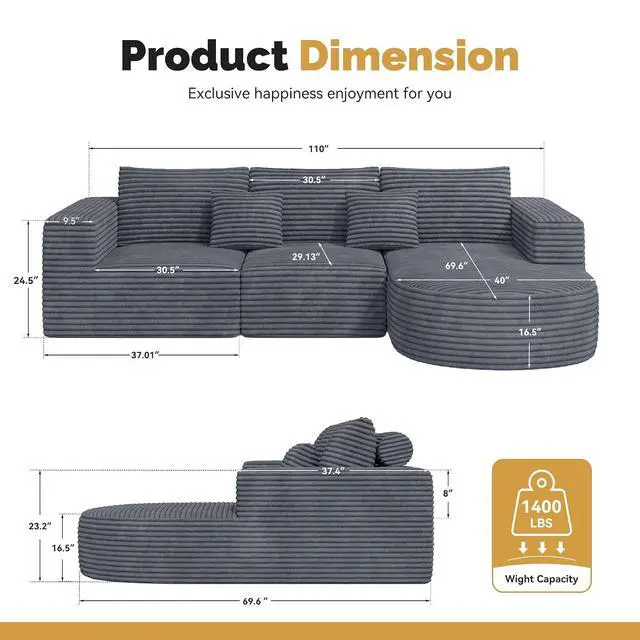 Alt view image 2 of 7 - 110" Boneless Couches for Living Room,Modular Sectional Sofa with Ottoman,Cloud Couch in a Box,Sponge Compression L-Shaped Sofas with Chaise No Assembly Required,Gray,1pcs