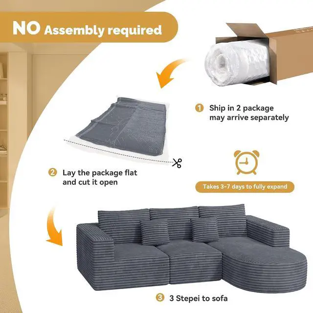 Alt view image 4 of 7 - 110" Boneless Couches for Living Room,Modular Sectional Sofa with Ottoman,Cloud Couch in a Box,Sponge Compression L-Shaped Sofas with Chaise No Assembly Required,Gray,1pcs