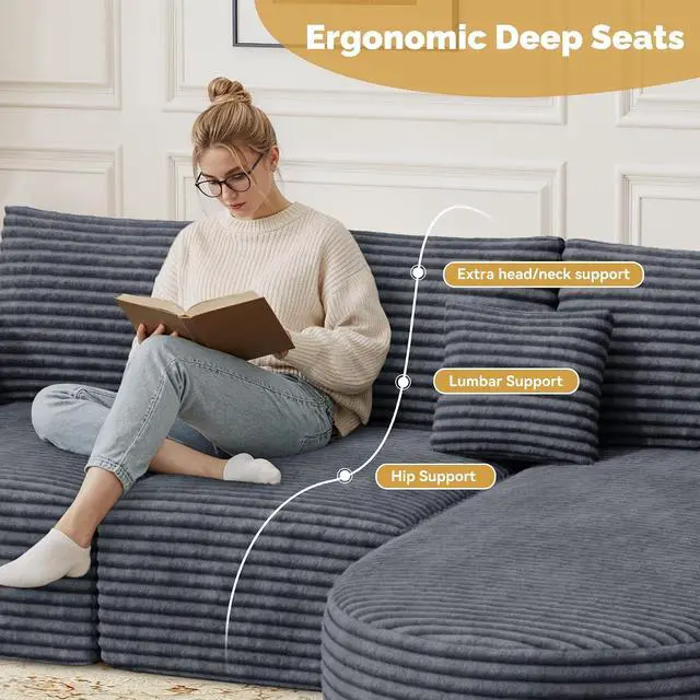 Alt view image 5 of 7 - 110" Boneless Couches for Living Room,Modular Sectional Sofa with Ottoman,Cloud Couch in a Box,Sponge Compression L-Shaped Sofas with Chaise No Assembly Required,Gray,1pcs