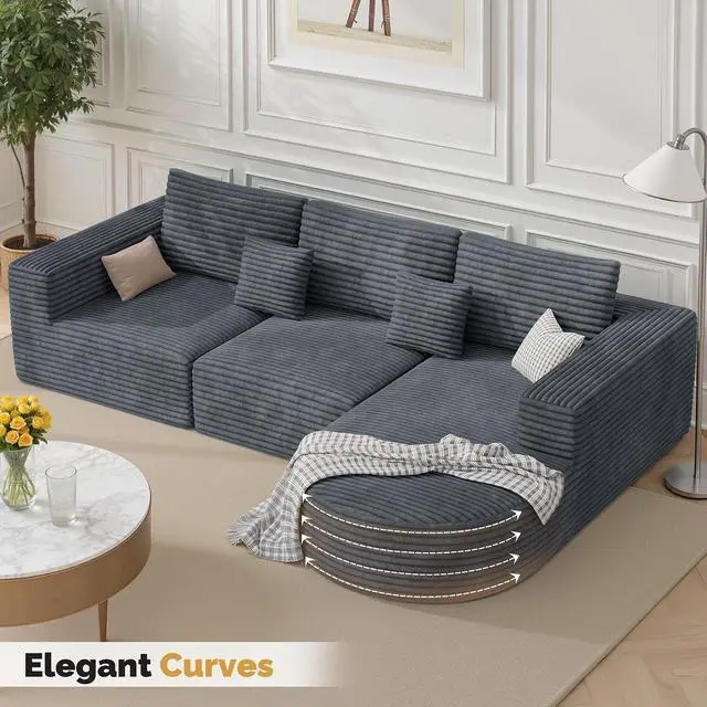 Alt view image 6 of 7 - 110" Boneless Couches for Living Room,Modular Sectional Sofa with Ottoman,Cloud Couch in a Box,Sponge Compression L-Shaped Sofas with Chaise No Assembly Required,Gray,1pcs
