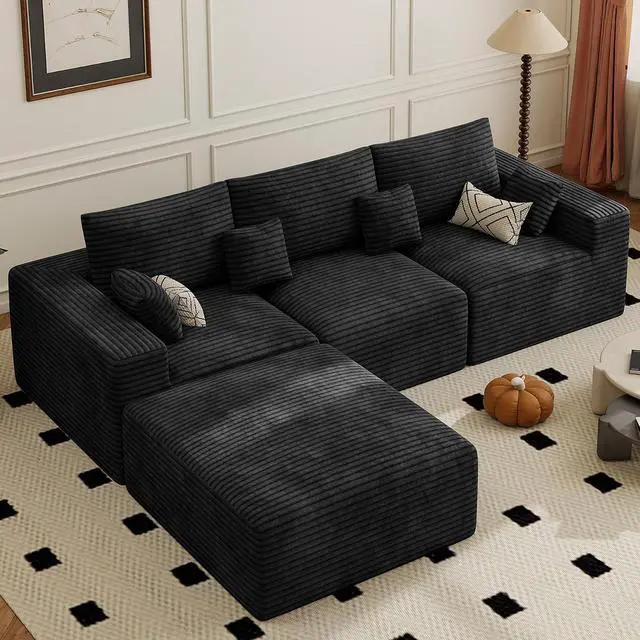 Main image of 113" Modular Sectional Sofa, Convertible L-Shaped Cloud Couches for Living Room with Ottoman, 4 Seater Corduroy Boneless Couch Sofas Set, No Assembly Required, Black 1 PCS