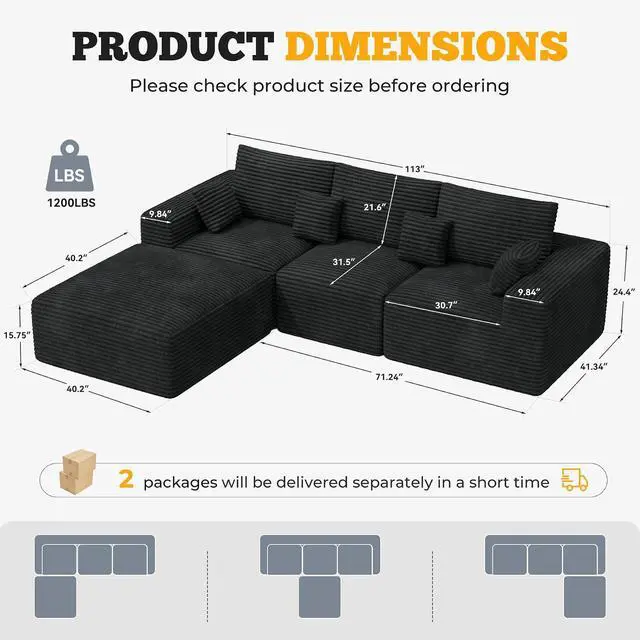 Alt view image 2 of 7 - 113" Modular Sectional Sofa, Convertible L-Shaped Cloud Couches for Living Room with Ottoman, 4 Seater Corduroy Boneless Couch Sofas Set, No Assembly Required, Black 1 PCS