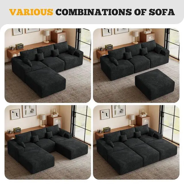 Alt view image 7 of 7 - 113" Modular Sectional Sofa, Convertible L-Shaped Cloud Couches for Living Room with Ottoman, 4 Seater Corduroy Boneless Couch Sofas Set, No Assembly Required, Black 1 PCS