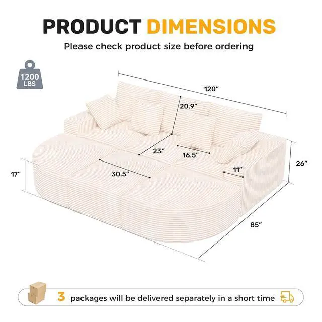 Alt view image 2 of 7 - 120" Oversized Round Sofa Bed, Modular Sectional Cloud Couches for Living Room, Convertible Corduroy Boneless Couch Sleeper Sofa Set, No Assembly Required, Beige 1 PCS