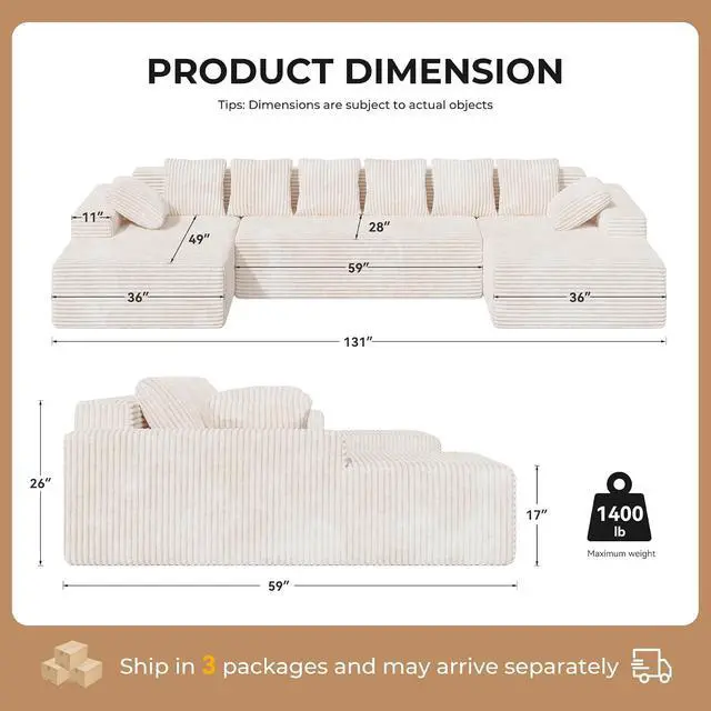 Alt view image 2 of 7 - 131'' U Shaped Sectional Couches with Chaise Lounge, U-Shaped Boneless Deep Seat Modular Sofa for Living Room 1PCS, Bedroom(Beige)