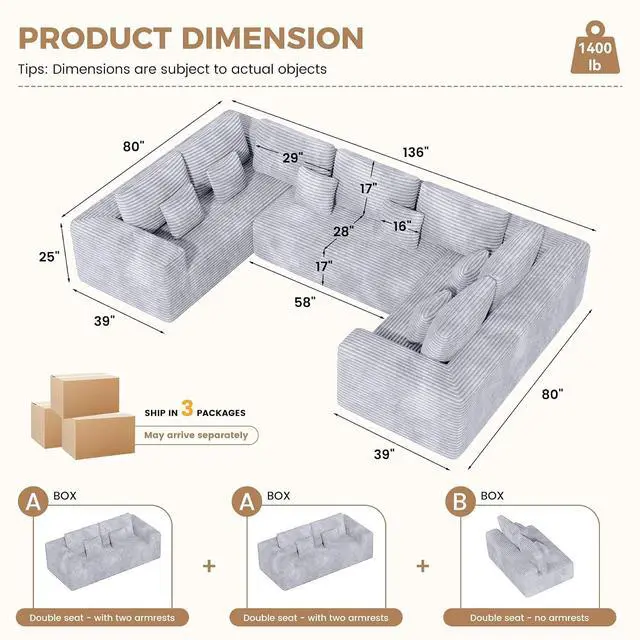 Alt view image 2 of 7 - 136'' Large Sectional Cloud Couches with Chaise, U Shaped Boneless Loveseat Sofa, No Assembly Required Deep Seat Modular Lounge for Living Room 3PCS Set, Bedroom(Light Grey)