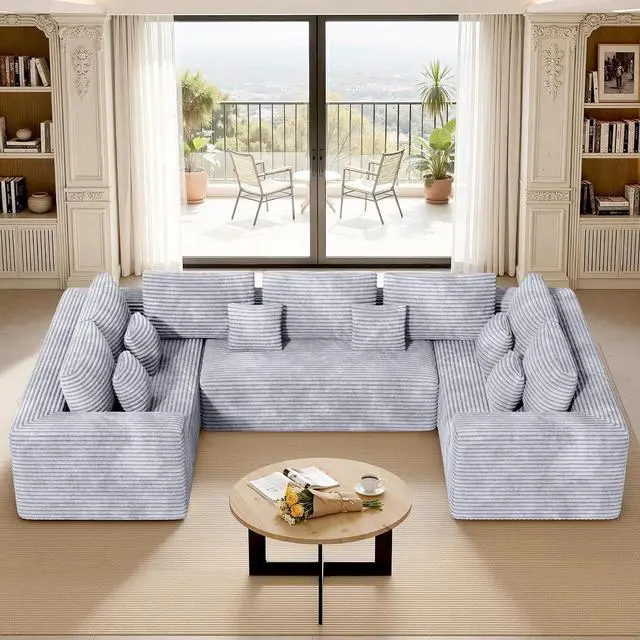 Main image of 136'' Large Sectional Cloud Couches with Chaise, U Shaped Boneless Loveseat Sofa, No Assembly Required Deep Seat Modular Lounge for Living Room 3PCS Set, Bedroom(Light Grey)