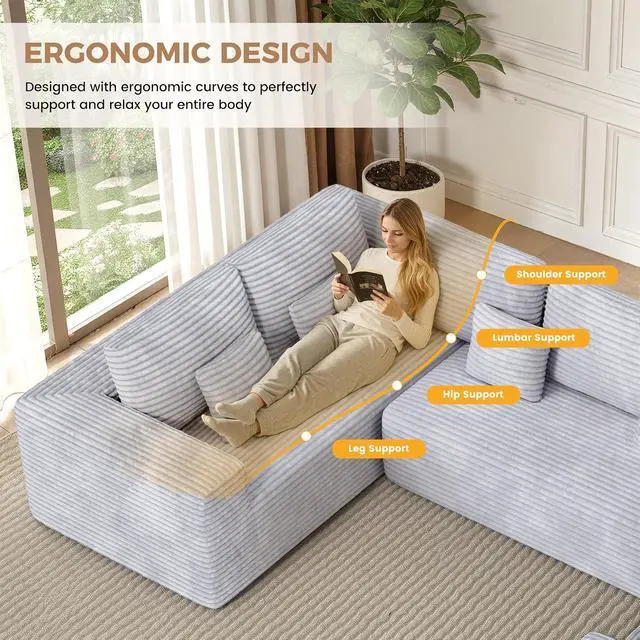 Alt view image 4 of 7 - 136'' Large Sectional Cloud Couches with Chaise, U Shaped Boneless Loveseat Sofa, No Assembly Required Deep Seat Modular Lounge for Living Room 3PCS Set, Bedroom(Light Grey)