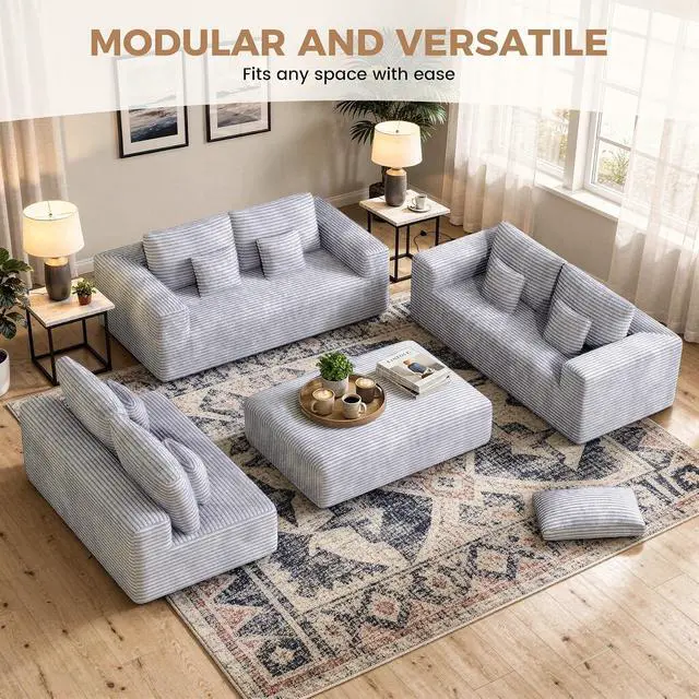 Alt view image 3 of 7 - 136'' Large Sectional Cloud Couches with Chaise, U Shaped Boneless Loveseat Sofa, No Assembly Required Deep Seat Modular Lounge for Living Room 3PCS Set, Bedroom(Light Grey)