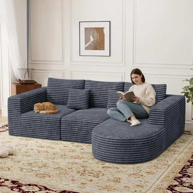 Alt view image 7 of 7 - 110" Boneless Couches for Living Room,Modular Sectional Sofa with Ottoman,Cloud Couch in a Box,Sponge Compression L-Shaped Sofas with Chaise No Assembly Required,Gray,1pcs