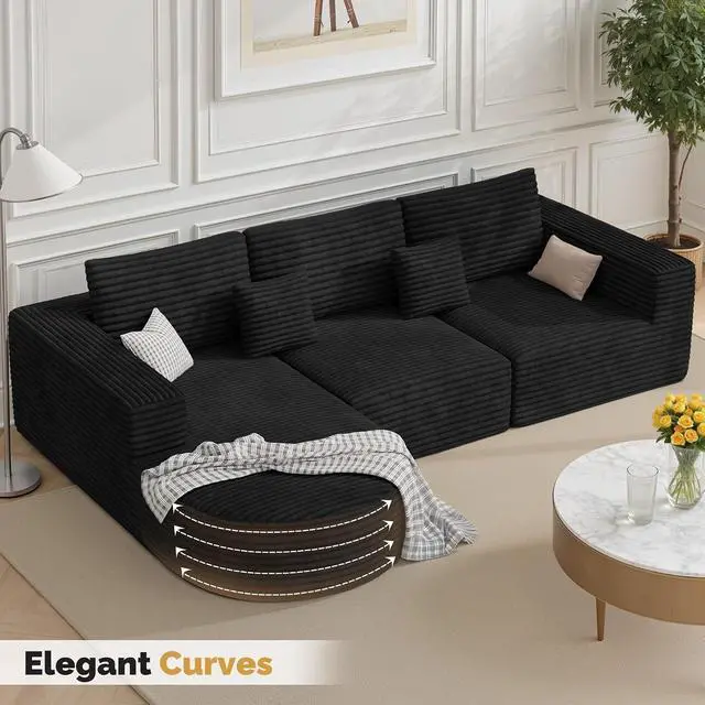 Alt view image 3 of 7 - 110 Sectional Modular Cloud Boneless Couches with Curved Chaise, Modern L Shaped Comfy Sofa, Deep Seat Sleeper Bed Set with 2pcs Pillows, No Assembly Required(Black-Corduroy Fabric)