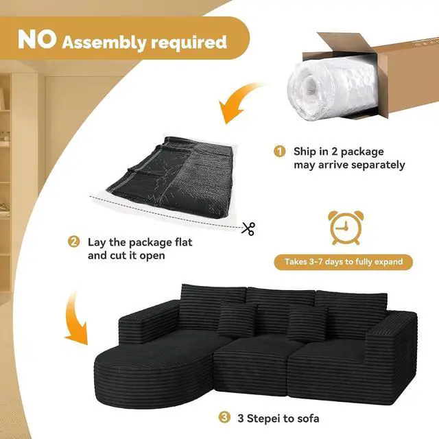 Alt view image 4 of 7 - 110 Sectional Modular Cloud Boneless Couches with Curved Chaise, Modern L Shaped Comfy Sofa, Deep Seat Sleeper Bed Set with 2pcs Pillows, No Assembly Required(Black-Corduroy Fabric)