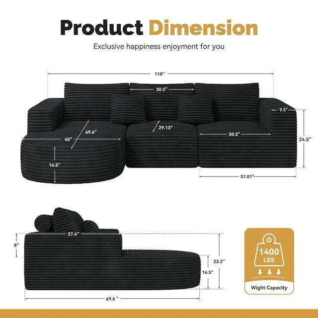 Alt view image 2 of 7 - 110 Sectional Modular Cloud Boneless Couches with Curved Chaise, Modern L Shaped Comfy Sofa, Deep Seat Sleeper Bed Set with 2pcs Pillows, No Assembly Required(Black-Corduroy Fabric)