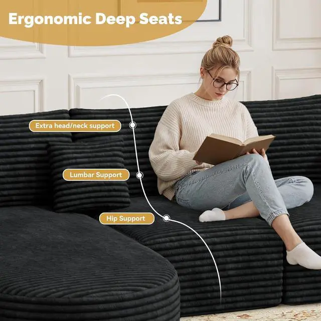 Alt view image 5 of 7 - 110 Sectional Modular Cloud Boneless Couches with Curved Chaise, Modern L Shaped Comfy Sofa, Deep Seat Sleeper Bed Set with 2pcs Pillows, No Assembly Required(Black-Corduroy Fabric)