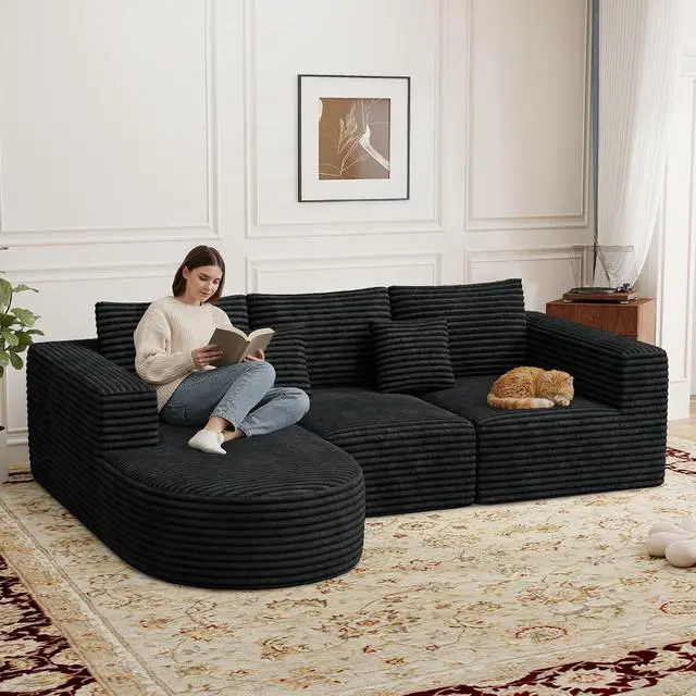 Alt view image 6 of 7 - 110 Sectional Modular Cloud Boneless Couches with Curved Chaise, Modern L Shaped Comfy Sofa, Deep Seat Sleeper Bed Set with 2pcs Pillows, No Assembly Required(Black-Corduroy Fabric)