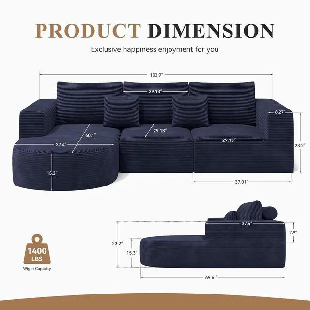 Alt view image 2 of 6 - L-Shaped Boneless Couch,104" Couches for Living Room with Curved Chaise,Modular Sectional Sofa with Deep Seat,Modern Cozy Cloud Compression Sofas,No Assembly Required(Blue) 1PCS