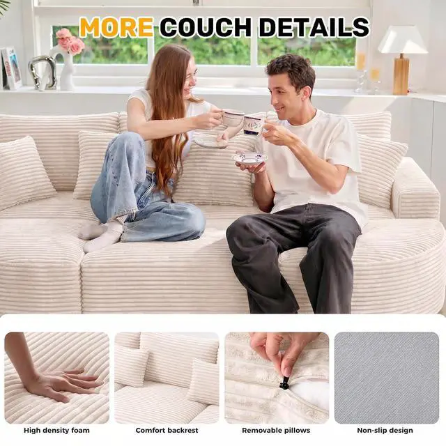 Alt view image 4 of 7 - 120" Oversized Round Sofa Bed, Modular Sectional Cloud Couches for Living Room, Convertible Corduroy Boneless Couch Sleeper Sofa Set, No Assembly Required, Beige 1 PCS