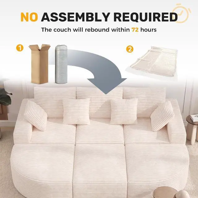 Alt view image 7 of 7 - 120" Oversized Round Sofa Bed, Modular Sectional Cloud Couches for Living Room, Convertible Corduroy Boneless Couch Sleeper Sofa Set, No Assembly Required, Beige 1 PCS
