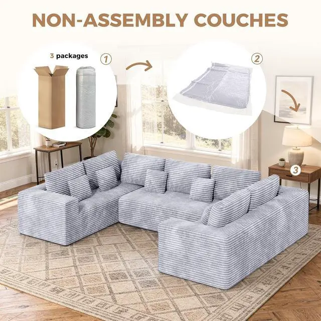 Alt view image 5 of 7 - 136'' Large Sectional Cloud Couches with Chaise, U Shaped Boneless Loveseat Sofa, No Assembly Required Deep Seat Modular Lounge for Living Room 3PCS Set, Bedroom(Light Grey)