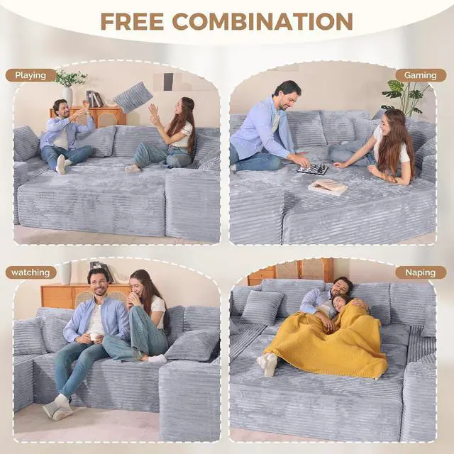 Alt view image 6 of 7 - 136'' Large Sectional Cloud Couches with Chaise, U Shaped Boneless Loveseat Sofa, No Assembly Required Deep Seat Modular Lounge for Living Room 3PCS Set, Bedroom(Light Grey)