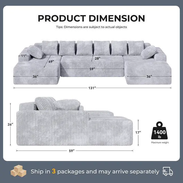 Alt view image 2 of 7 - 131'' U Shaped Sectional Couches with Chaise Lounge, No Assembly Required Deep Seat Modular Cloud Sofa for Living Room 1PCS, Bedroom(Light Gray)