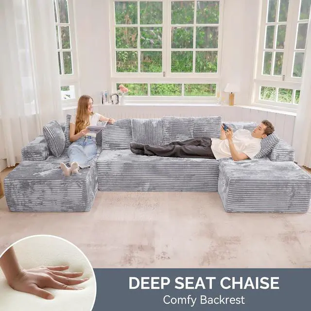Alt view image 3 of 7 - 131'' U Shaped Sectional Couches with Chaise Lounge, No Assembly Required Deep Seat Modular Cloud Sofa for Living Room 1PCS, Bedroom(Light Gray)