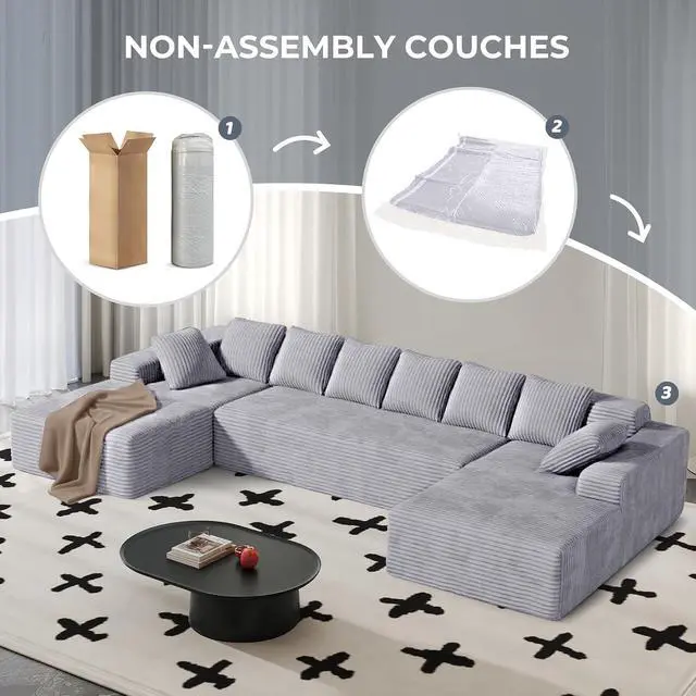Alt view image 5 of 7 - 131'' U Shaped Sectional Couches with Chaise Lounge, No Assembly Required Deep Seat Modular Cloud Sofa for Living Room 1PCS, Bedroom(Light Gray)