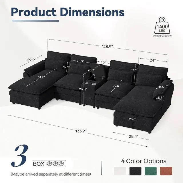 Alt view image 2 of 7 - 134" U Shaped Modular Sectional Sofa, Oversized Cloud Couch with Double Chaise Lounge, Storage Console, Cup Holders & USB Port, Comfy Chenille Deep Seat Couch Set for Living Room, Black