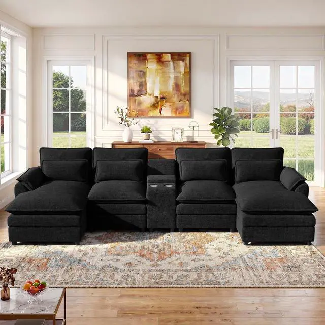 Main image of 134" U Shaped Modular Sectional Sofa, Oversized Cloud Couch with Double Chaise Lounge, Storage Console, Cup Holders & USB Port, Comfy Chenille Deep Seat Couch Set for Living Room, Black