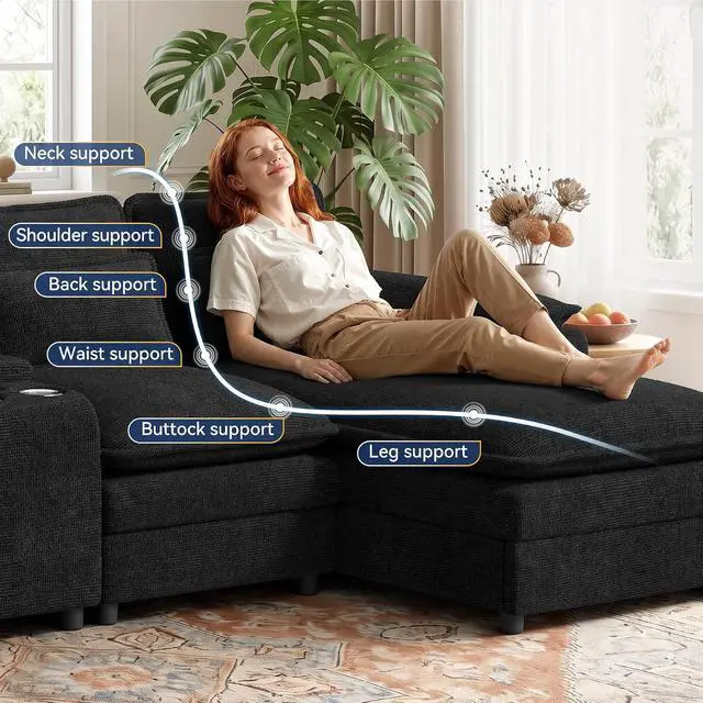 Alt view image 4 of 7 - 134" U Shaped Modular Sectional Sofa, Oversized Cloud Couch with Double Chaise Lounge, Storage Console, Cup Holders & USB Port, Comfy Chenille Deep Seat Couch Set for Living Room, Black