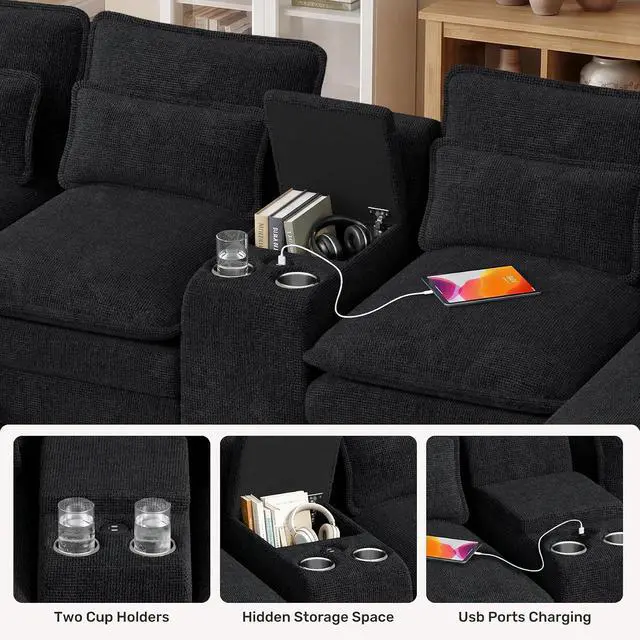 Alt view image 3 of 7 - 134" U Shaped Modular Sectional Sofa, Oversized Cloud Couch with Double Chaise Lounge, Storage Console, Cup Holders & USB Port, Comfy Chenille Deep Seat Couch Set for Living Room, Black